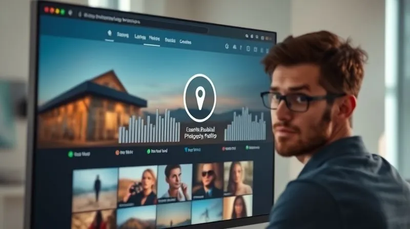 Photorealistic image of a website interface with a broken connection icon, low traffic graphs, and a confused user looking at the screen. The background is slightly blurred, showing a beautiful but unvisited photography portfolio. Cinematic lighting, sharp focus on the broken connection, 8K hyper-detailed.