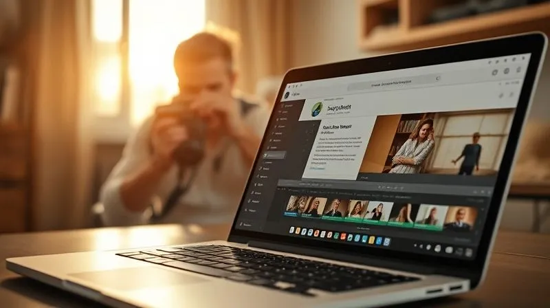 A photorealistic image of a photographer behind a camera, capturing a moment with a family, while a laptop screen in the foreground shows a blog post draft and a video editing timeline. The scene is bathed in warm, natural light, conveying creativity and digital presence. Sharp focus on the laptop and camera, depth of field blurring the family slightly. 8K hyper-detailed.