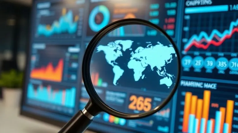 Photorealistic image of a digital advertising dashboard with various charts and graphs showing campaign performance. A magnifying glass hovers over a segmented map, highlighting specific demographic data. The scene is modern, clean, with cinematic lighting and sharp focus on the data, depth of field blurring the background office environment. 8K hyper-detailed.
