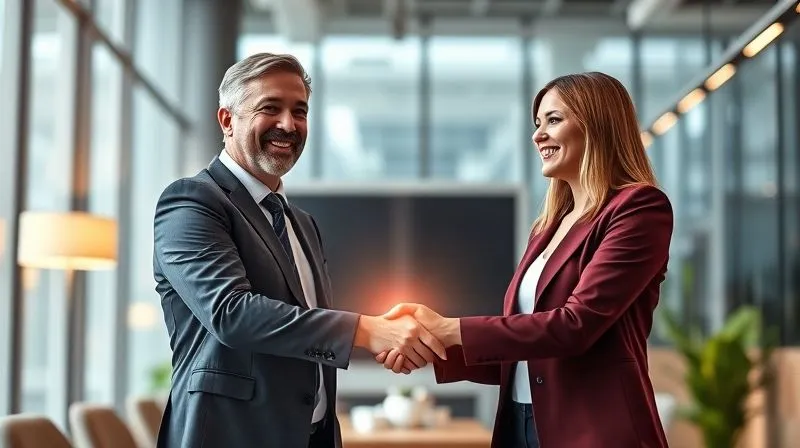 Photorealistic image of two business professionals (a photographer and an event planner) shaking hands with a warm smile, in a bright, modern office setting. A subtle light beam connects them, symbolizing partnership and collaboration. Cinematic lighting, sharp focus on the handshake, depth of field blurring the background. 8K hyper-detailed.