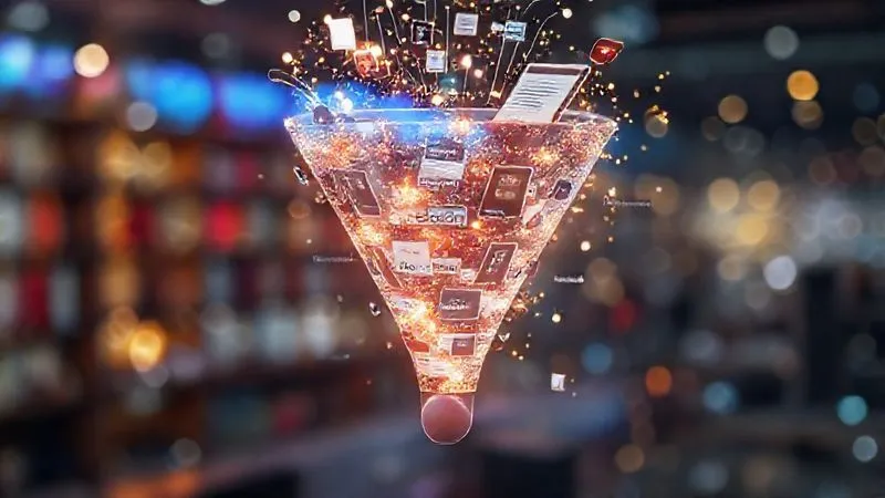 A photorealistic image of a digital funnel filled with various content formats: blog posts, e-books, webinars, and case studies, flowing smoothly from top to bottom. The content pieces are represented as glowing, interactive elements, with cinematic lighting, sharp focus on the content, depth of field blurring the background, 8K hyper-detailed, professional photography, shot on a high-end DSLR. The image conveys the idea of a structured content strategy.