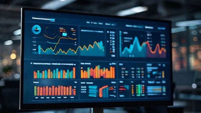 A photorealistic, professional photography of a modern digital dashboard displaying various analytics metrics: conversion rates, bounce rates, traffic sources, and user flow, with clear, colorful graphs and data points. The dashboard is on a large, high-resolution monitor, illuminated by cinematic lighting, sharp focus on the data, depth of field blurring a tech-office background, 8K hyper-detailed, shot on a high-end DSLR. The image conveys data-driven decision making.