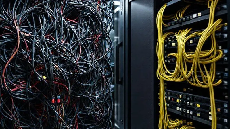 A photorealistic image showing a tangled mess of electrical wires and cables on one side, representing an unoptimized WordPress site with too many plugins, and on the other side, a perfectly organized and clean server rack with clear cable management, representing an optimized site. Cinematic lighting, sharp focus on the contrast, depth of field, 8K hyper-detailed, professional photography, shot on a high-end DSLR.
