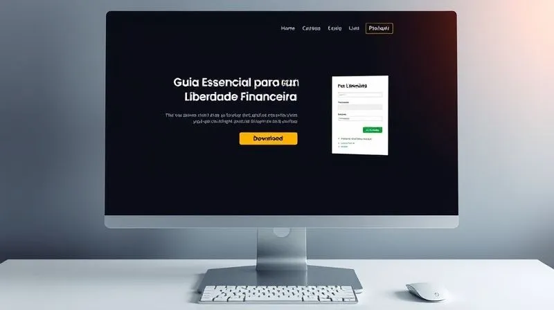 Photorealistic image of a sleek, modern landing page on a desktop monitor, featuring a prominent call-to-action button and a clean form for downloading a free e-book titled 'Guia Essencial para Sua Liberdade Financeira'. The layout is minimalist and inviting, with soft, ambient lighting. Sharp focus on the screen, with a shallow depth of field. 8K hyper-detailed, professional photography.