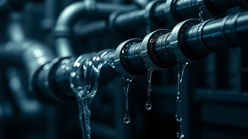A photorealistic, professional photography image of a complex B2B sales funnel represented by a series of interconnected pipes, with visible cracks and water (representing leads) leaking out at various stages. Cinematic lighting, sharp focus on the leaks, depth of field blurring the background. 8K hyper-detailed, shot on a high-end DSLR.