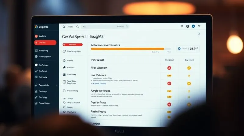 A photorealistic screenshot of Google PageSpeed Insights results for a website, showing red and orange scores for Core Web Vitals, with actionable recommendations highlighted. The interface is clean and modern, cinematic lighting, sharp focus on the metrics, depth of field blurring the background, 8K hyper-detailed.