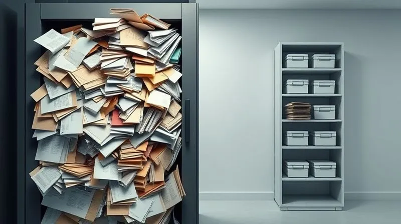 A photorealistic split image: one side shows a cluttered, overflowing digital filing cabinet with papers spilling out, representing a bloated database. The other side shows a neatly organized, minimalist digital filing cabinet, representing an optimized database. Cinematic lighting, sharp focus, 8K hyper-detailed.