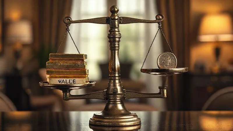 A photorealistic image of a vintage weighing scale, with one side heavily weighted by a stack of gold bars labeled 'VALUE' and the other side holding a single, light coin labeled 'PRICE'. The background is a sophisticated, softly lit office, emphasizing the importance of perceived value over mere cost. Cinematic lighting, sharp focus on the scale, depth of field, 8K hyper-detailed.