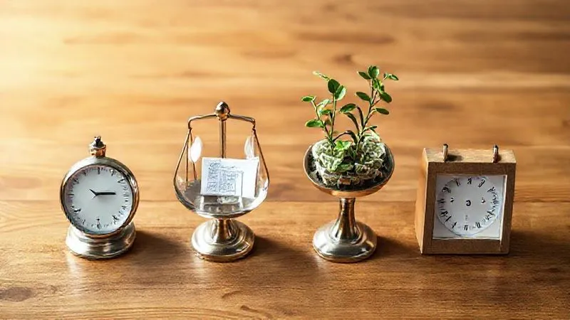 A photorealistic image of four distinct, elegant scales, each representing a different pricing model: one with a stopwatch (hourly), one with a blueprint (project), one with growing money plants (value-based), and one with a recurring calendar (retainer). The scales are arranged on a polished wooden surface, with soft, strategic lighting. Sharp focus, depth of field, 8K hyper-detailed.
