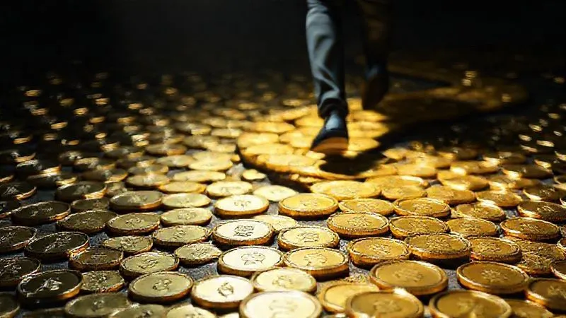 A photorealistic image of a person carefully walking on a narrow, winding path made of gold coins, with various pitfalls and traps (metaphorical representations of common business mistakes) around them. The path is illuminated by a focused spotlight, emphasizing the need for caution and clear strategy. Cinematic lighting, sharp focus on the path, depth of field blurring the background, 8K hyper-detailed.