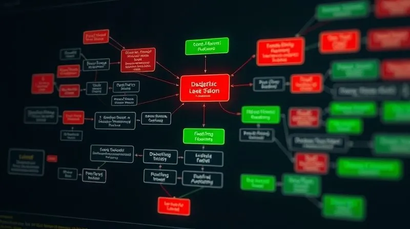 A photorealistic image of a complex flowchart or decision tree, with various paths and nodes, representing the diagnostic process of lead qualification. Some paths are highlighted in red (ineffective), others in green (effective). Cinematic lighting, sharp focus on the central nodes, depth of field blurring the edges, 8K hyper-detailed, professional photography, shot on a high-end DSLR.