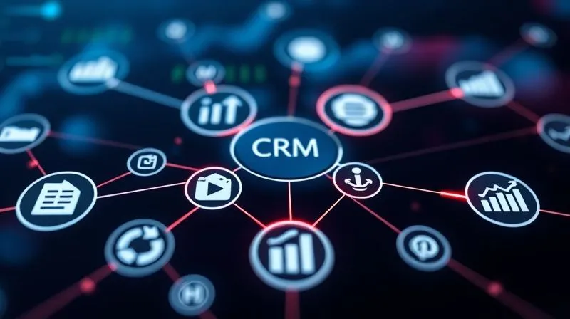 A photorealistic image of a modern, sleek digital interface showing various integrated marketing and sales tools (CRM, marketing automation, analytics dashboards) connected by glowing lines, representing seamless data flow. Cinematic lighting, sharp focus on the central connections, depth of field blurring the individual tool logos, 8K hyper-detailed, professional photography, shot on a high-end DSLR.