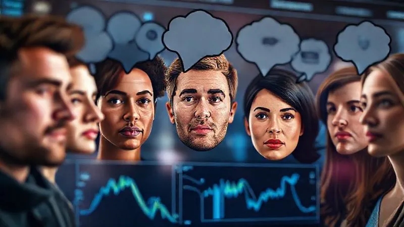 A photorealistic image of a diverse group of people's faces, each with a thought bubble above their head containing different emotions and desires, subtly overlaid on a digital marketing dashboard. Cinematic lighting, sharp focus on the faces, depth of field blurring the dashboard, 8K hyper-detailed, professional photography, shot on a high-end DSLR.