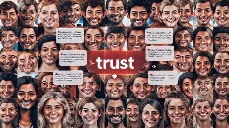 A photorealistic image of a mosaic of diverse, smiling faces, with small speech bubbles containing positive testimonials, subtly arranged around a central digital "trust" icon. Cinematic lighting, sharp focus on the faces, depth of field, 8K hyper-detailed, professional photography, shot on a high-end DSLR.