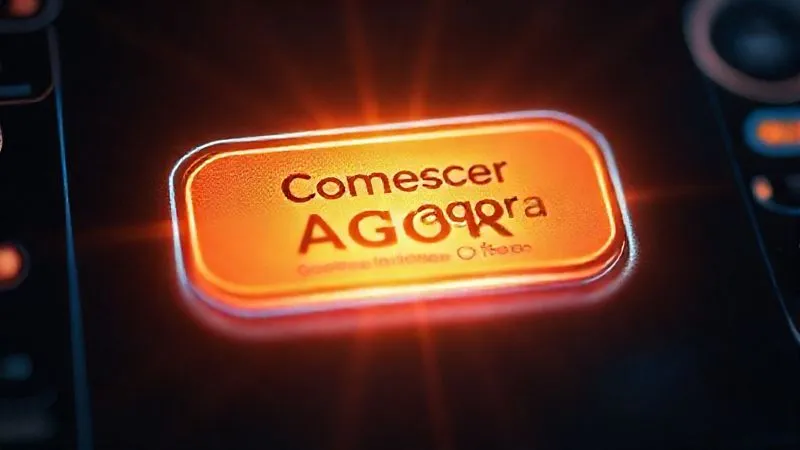 A photorealistic, close-up shot of a glowing, prominent Call-to-Action button on a sleek digital interface, surrounded by a subtle aura of light, drawing the eye. The button is clearly labeled 'Começar Agora' or 'Quero Minha Oferta'. Cinematic lighting, sharp focus, depth of field blurring the background interface elements, 8K hyper-detailed, professional photography, shot on a high-end DSLR. Evokes urgency and clarity.