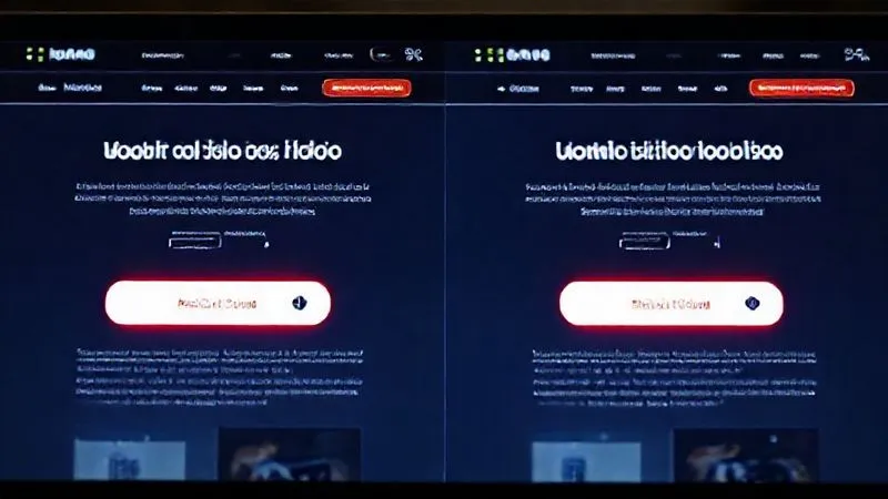 A photorealistic split screen displaying two distinct versions of a landing page side-by-side, each with a different Call-to-Action button. Overlayed transparently are data visualizations (small bar charts or percentages) showing contrasting conversion rates for each version. Cinematic lighting, sharp focus on the comparison, depth of field, 8K hyper-detailed, professional photography, shot on a high-end DSLR. Represents scientific testing and optimization.