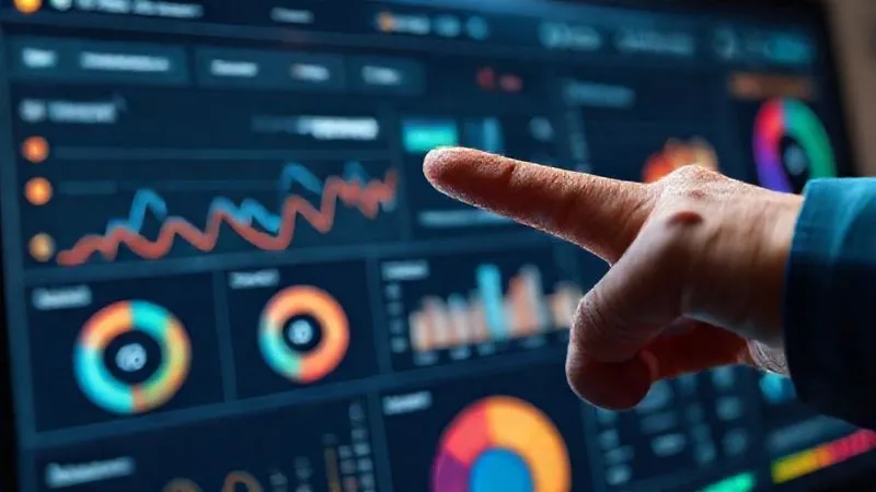 A photorealistic, modern digital dashboard displaying key performance indicators for a landing page, including conversion rate, click-through rate, and session duration, visualized with clean, professional charts and graphs. A finger points to an optimized CTA metric showing significant improvement. Cinematic lighting, sharp focus on the dashboard, depth of field, 8K hyper-detailed, professional photography, shot on a high-end DSLR. Evokes data-driven decision making and success.