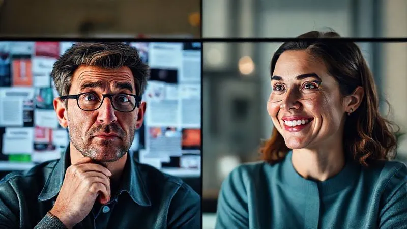 A photorealistic image of a split screen: on one side, a confused person looking at a cluttered, vague website headline; on the other, a smiling, understanding person looking at a clear, benefit-driven headline. Cinematic lighting, sharp focus on the faces, depth of field, 8K hyper-detailed, professional photography, shot on a high-end DSLR.