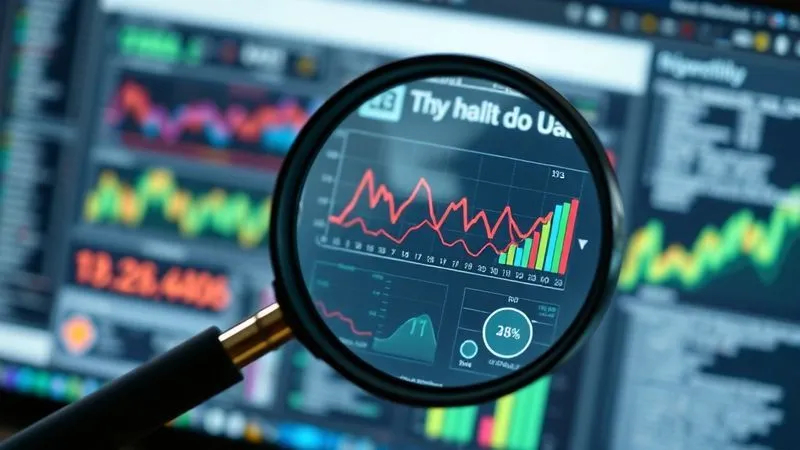 A photorealistic image of a magnifying glass hovering over a computer screen displaying a complex web page with various data points and metrics, symbolizing detailed analysis and diagnosis. Cinematic lighting, sharp focus on the screen and magnifying glass, depth of field blurring the background, 8K hyper-detailed, shot on a high-end DSLR.