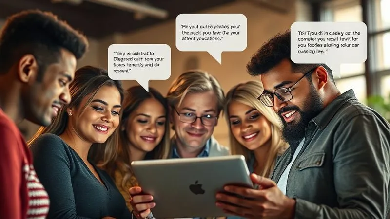 A photorealistic image of a diverse group of people looking at a tablet, with speech bubbles containing positive testimonials floating above their heads, symbolizing social proof and trust. Cinematic lighting, sharp focus on the tablet and faces, depth of field blurring the background, 8K hyper-detailed, shot on a high-end DSLR.