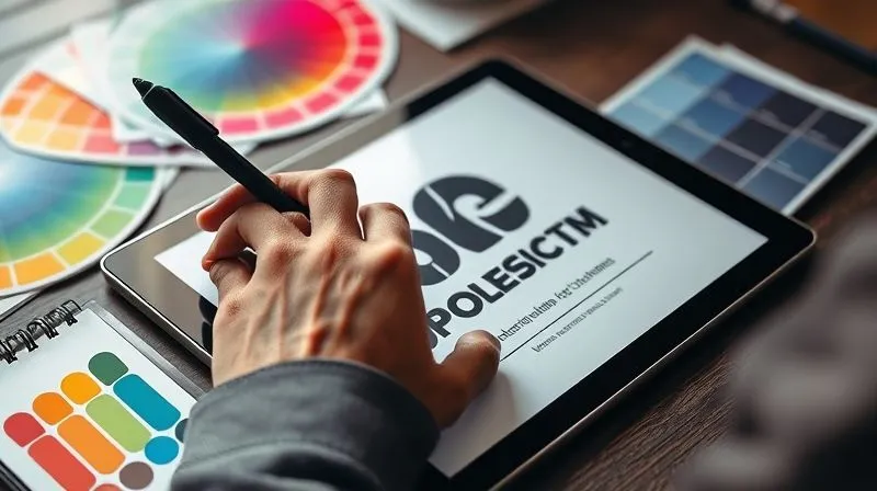 A photorealistic close-up of a designer's hand sketching a unique logo concept on a tablet, surrounded by color palettes and font samples, conveying creativity and precision. Cinematic lighting, sharp focus on the hand and tablet, depth of field, 8K hyper-detailed, professional photography, shot on a high-end DSLR. The scene conveys the meticulous process of brand identity creation.
