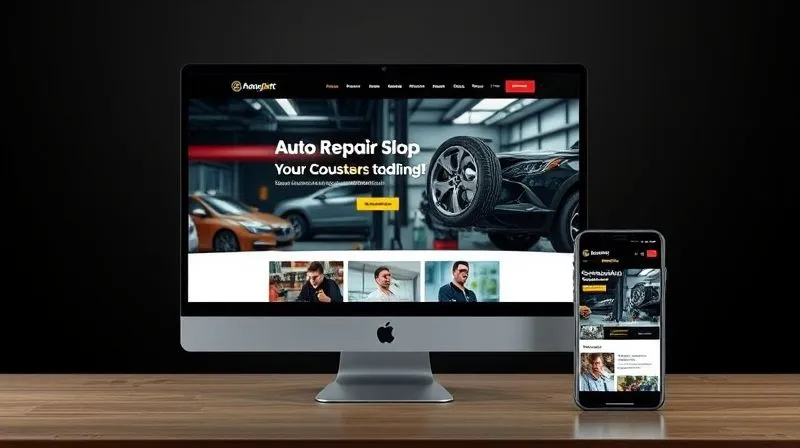 A photorealistic image of a sleek, modern website design for an auto repair shop displayed on a desktop monitor, with clear navigation, prominent contact information, and high-quality images of mechanics at work. A smartphone next to it shows the same website, perfectly responsive. Cinematic lighting, sharp focus on the screens, 8K hyper-detailed.