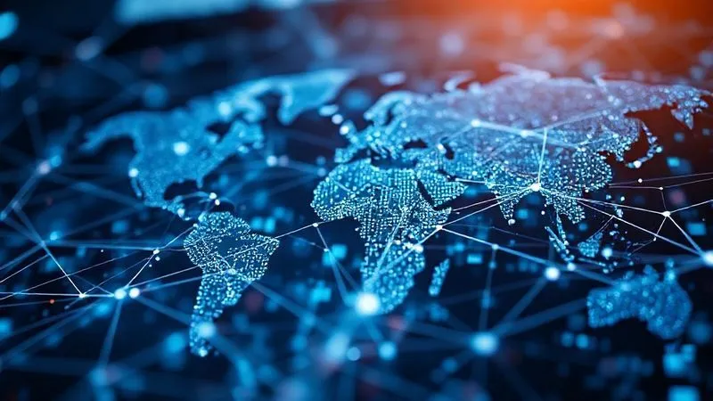 A photorealistic, professional photography image of a complex network diagram with data packets flowing rapidly between global servers, representing a CDN. Cinematic lighting, sharp focus on the data flow, depth of field blurring the background, 8K hyper-detailed, shot on a high-end DSLR.