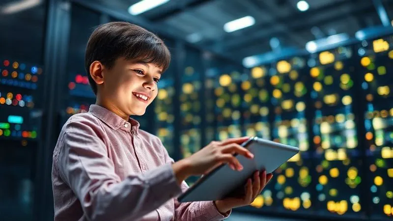 A photorealistic, professional photography image of a seamless digital learning environment on a tablet, with a serene student happily engaging. In the background, a complex cloud computing infrastructure is subtly visible as a network of glowing servers. Cinematic lighting, sharp focus on the tablet and student, depth of field blurring the background, 8K hyper-detailed, shot on a high-end DSLR.
