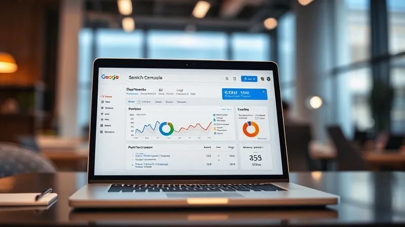 A photorealistic image of a Google Search Console dashboard on a laptop screen, showing a performance report with keywords and clicks. The screen is in sharp focus, with a blurred background of a modern office environment. Cinematic lighting, 8K hyper-detailed, shot on a high-end DSLR.