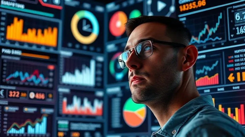 A photorealistic image of a complex digital marketing dashboard displayed on multiple screens, showing various KPIs, graphs, and a clear sales funnel visualization. The screens glow with data, reflecting on the face of a focused marketing professional. Cinematic lighting, 8K hyper-detailed, shot on a high-end DSLR.