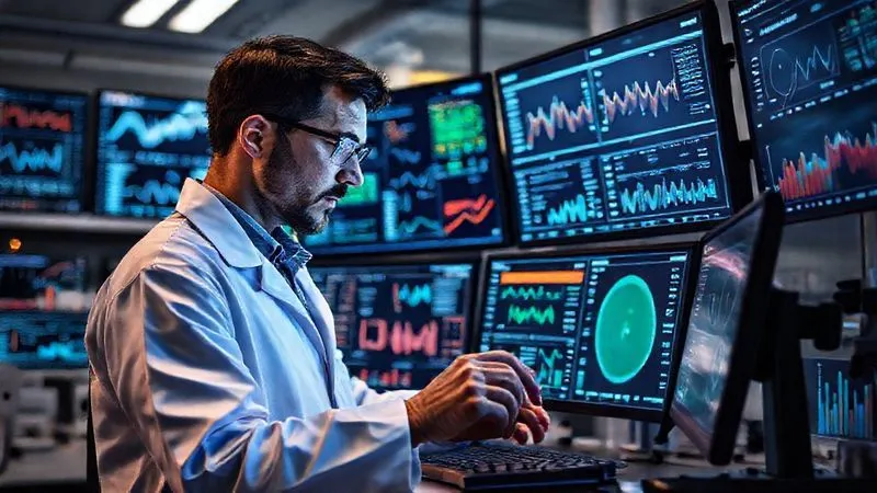 A photorealistic image of a scientist in a modern lab, meticulously analyzing data on multiple screens, surrounded by complex charts and graphs, symbolizing continuous optimization and testing. High-tech, cinematic lighting, sharp focus, 8K.