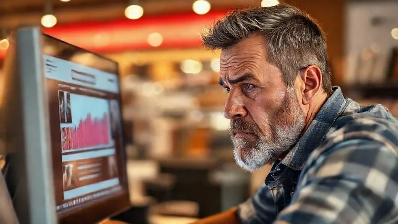 Photorealistic image of a frustrated business owner looking at a computer screen displaying low conversion rates, with blurred, unappealing photos of a store in the background, cinematic lighting, sharp focus on the owner's face, depth of field blurring the screen, 8K hyper-detailed.