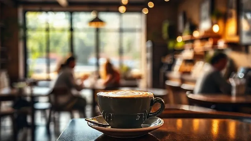 Photorealistic image of a beautifully composed cafe interior, bathed in warm natural light, with a blurred background showing happy customers, sharp focus on a latte art coffee, depth of field, 8K, shot on a high-end DSLR, cinematic lighting.