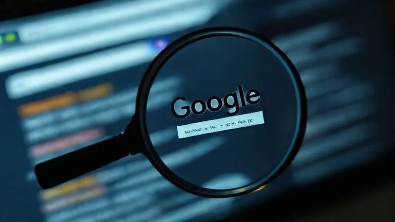 Photorealistic image of a magnifying glass hovering over a website's image, showing alt text and file names, with Google search results in the background, cinematic lighting, sharp focus on the magnifying glass and text, depth of field, 8K hyper-detailed.