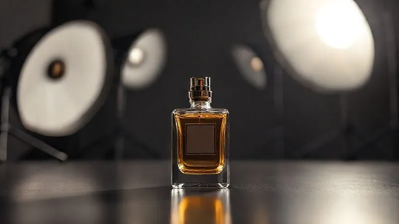 photorealistic, professional photography, 8K, cinematic lighting, sharp focus, depth of field, shot on a high-end DSLR. A small, elegant product (e.g., a perfume bottle) perfectly lit in a studio setup, with softboxes and diffusers clearly visible in the background, showing the precise control of light. The product gleams with perfect highlights and no harsh shadows, demonstrating ideal illumination.