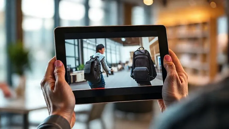 photorealistic, professional photography, 8K, cinematic lighting, sharp focus, depth of field, shot on a high-end DSLR. A dynamic product video playing on a tablet screen, held by hands, with a blurred background of a modern e-commerce office. The video shows a product (e.g., a stylish backpack) being used in various lifestyle scenarios, emphasizing movement and utility.