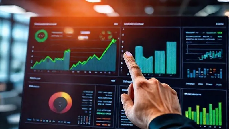 A photorealistic image of a dashboard with various charts and graphs showing key performance indicators (KPIs) like order fulfillment rate, average shipping time, and customer satisfaction scores. A hand points to a green upward trend on one of the graphs. Cinematic lighting, sharp focus on the dashboard, depth of field blurring a modern office background, 8K hyper-detailed, professional photography, shot on a high-end DSLR, conveying data analysis and performance monitoring.