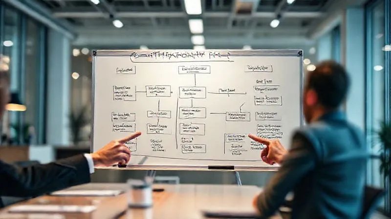 A photorealistic image of a contingency plan flowchart on a whiteboard, with hands pointing to different paths and alternative solutions. The scene is set in a modern, collaborative office space with cinematic lighting, sharp focus on the flowchart, depth of field blurring the background, 8K hyper-detailed, professional photography, shot on a high-end DSLR, conveying strategic planning and problem-solving.