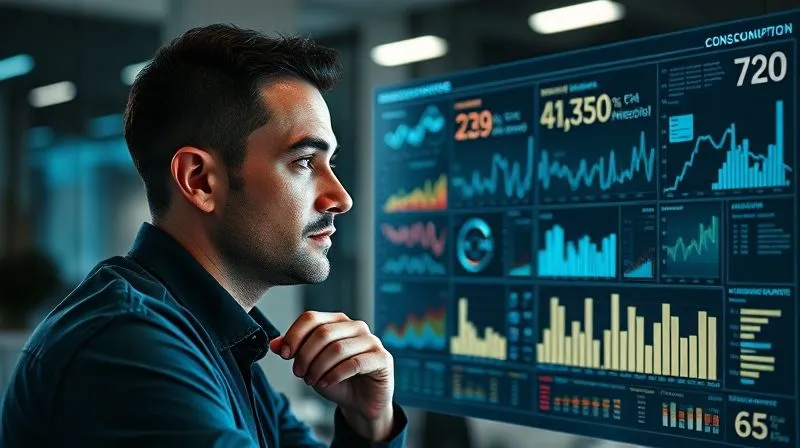 A photorealistic image of a professional data analyst looking at a holographic dashboard displaying complex audio consumption metrics, with dynamic charts and graphs. The analyst has a thoughtful expression, surrounded by a modern, minimalist office environment. Cinematic lighting, sharp focus on the dashboard and analyst's face, depth of field blurring the background. 8K hyper-detailed, shot on a high-end DSLR.
