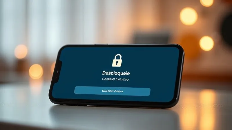 A photorealistic image of a sleek smartphone screen displaying a radio app's premium subscription offer. The interface is clean and modern, with text like "Desbloqueie Conteúdo Exclusivo" and "Ouça Sem Anúncios". A subtle lock icon is transforming into an unlock icon, symbolizing access. Cinematic lighting, sharp focus on the screen, depth of field blurring a background of a cozy listening environment. 8K hyper-detailed, shot on a high-end DSLR.