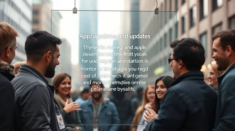 A photorealistic image of a diverse group of people (listeners) gathered around a large, transparent digital screen displaying a message about app updates and monetization strategies. The text is clear and reassuring, with a friendly tone. People are nodding in understanding, some smiling. Cinematic lighting, sharp focus on the screen and people's faces, depth of field blurring a city background. 8K hyper-detailed, shot on a high-end DSLR.