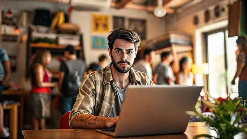 A photorealistic image of a person looking slightly overwhelmed but determined, working on a laptop in a vibrant, slightly chaotic hostel common area, surrounded by diverse travelers. Professional photography, 8K, cinematic lighting, sharp focus on the person, depth of field blurring the background. Shot on a high-end DSLR.