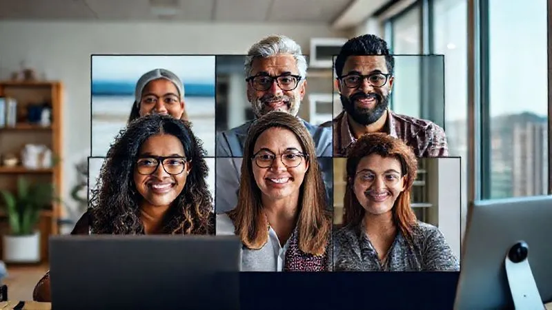 A photorealistic image of a diverse group of professionals from different cultural backgrounds collaborating seamlessly on a video call, each in a unique remote setting (beach, mountain, city apartment). Professional photography, 8K, cinematic lighting, sharp focus on the faces, depth of field blurring their individual backgrounds. Shot on a high-end DSLR.