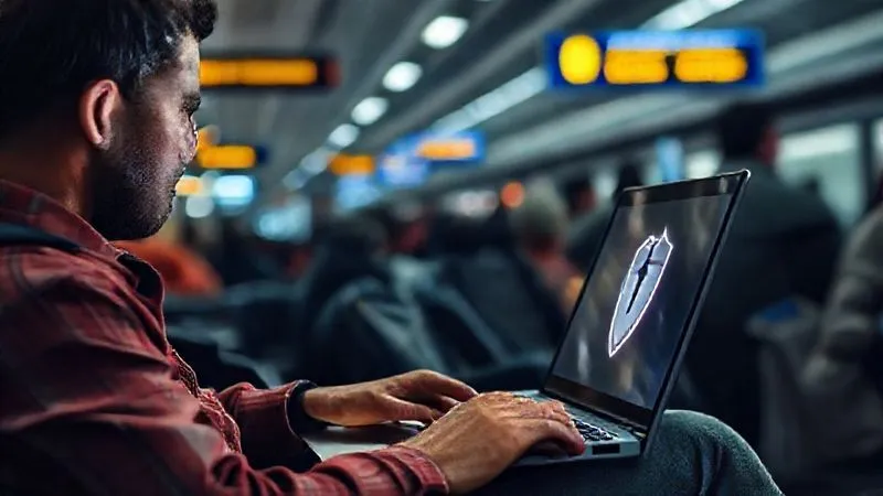 A photorealistic image of a person using a laptop with a glowing VPN icon on the screen, sitting in a bustling train station or airport, surrounded by people. The person looks focused and secure. Professional photography, 8K, cinematic lighting, sharp focus on the laptop and person, depth of field blurring the background. Shot on a high-end DSLR.