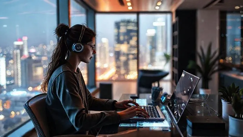 A photorealistic image of a futuristic digital nomad working in a sleek, minimalist co-living space, surrounded by holographic interfaces and smart devices. The view outside shows a vibrant, technologically advanced city. Professional photography, 8K, cinematic lighting, sharp focus on the person and technology, depth of field blurring the background. Shot on a high-end DSLR.
