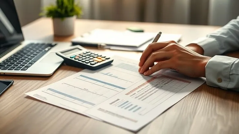A photorealistic image of a person meticulously organizing financial documents on a well-lit desk, with a calculator and laptop in the background, conveying a sense of order and preparedness. 8K, cinematic lighting, sharp focus, depth of field, shot on a high-end DSLR.