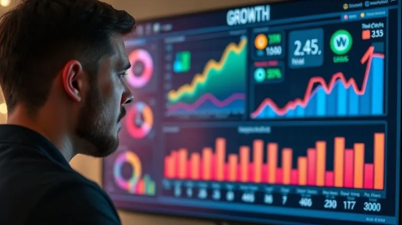 A photorealistic image of a digital dashboard displaying various growth metrics – sales, engagement, conversions – all trending upwards, with a focused entrepreneur observing it. The screen is vibrant and interactive. 8K, cinematic lighting, sharp focus, depth of field, shot on a high-end DSLR.