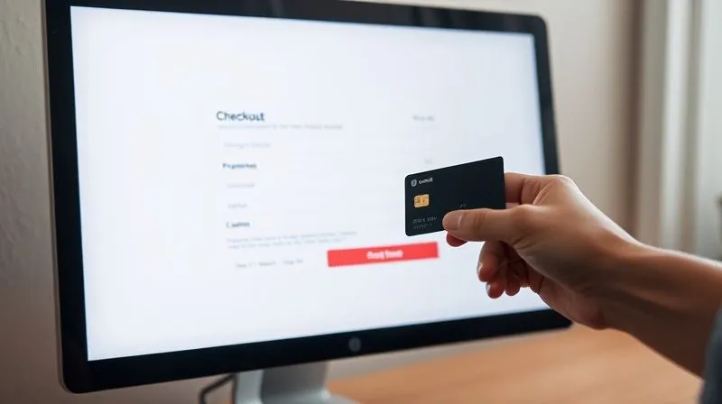 A photorealistic image of a minimalist, clean e-commerce checkout page on a desktop monitor, with only essential fields visible, a clear progress bar, and a single prominent call-to-action button. The screen should glow softly, reflecting on a hand reaching for a credit card. Cinematic lighting, sharp focus, depth of field, 8K hyper-detailed, professional photography, shot on a high-end DSLR.