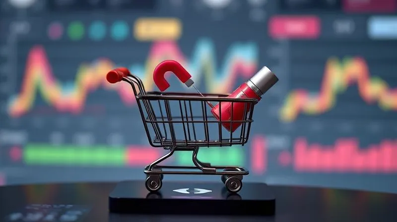 A photorealistic image of a digital shopping cart icon with a small, stylized magnet pulling a beauty product back towards it. The background shows a subtle e-commerce dashboard. Cinematic lighting, sharp focus, depth of field, 8K hyper-detailed, professional photography, shot on a high-end DSLR.
