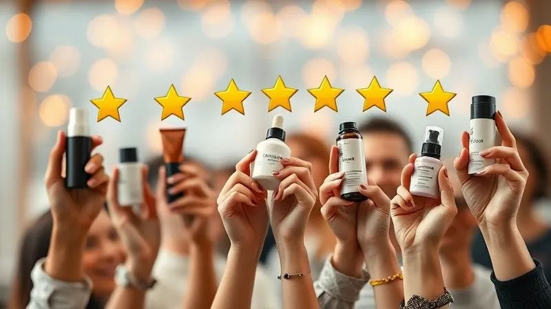 A photorealistic image of several diverse hands holding up beauty products, with glowing review stars floating above them. The background is a soft, warm bokeh of a happy customer community. Cinematic lighting, sharp focus on the hands and products, depth of field, 8K hyper-detailed, professional photography, shot on a high-end DSLR.